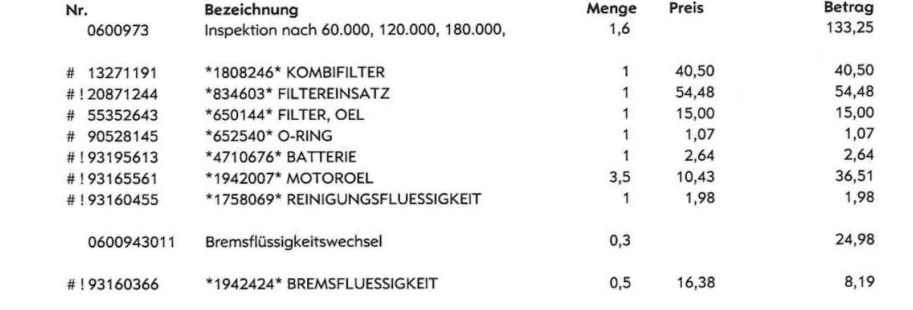 Rechnungspositionen der 60000 Inspektion