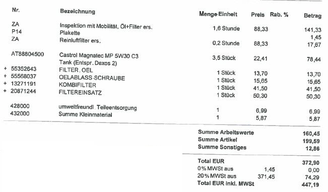 Rechnung 3 Jahresservice mit Öl